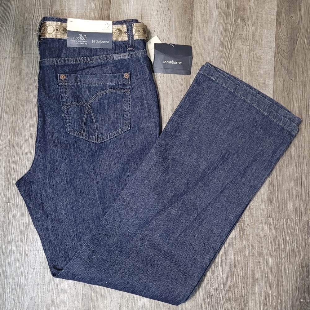 Liz Claiborne Dark Wash Slim Bootcut Flared Leg Jeans w/Tie Belt Women's Size 12